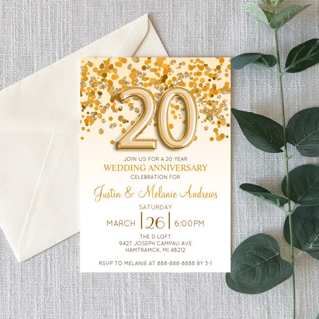 Gold Confetti 20th Wedding Anniversary Invitation (Creator Uploaded)