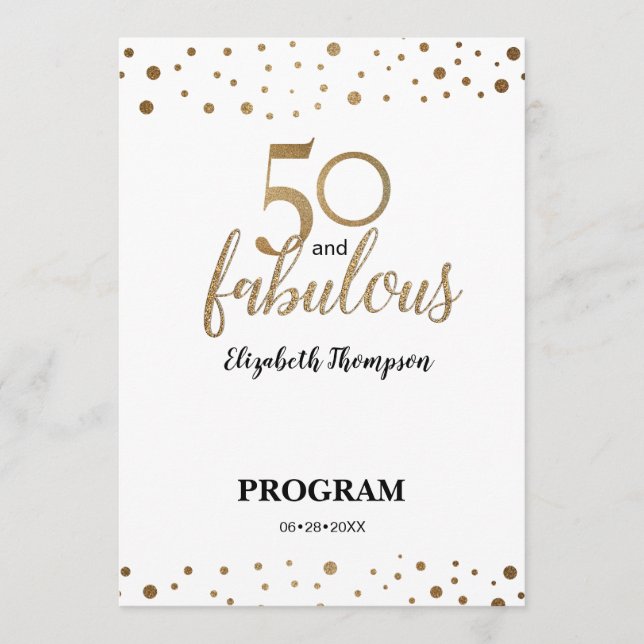Gold Confetti 50 and fabulous Birthday Editable Program (Front)