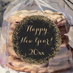 Gold Confetti and Black Happy New Year Classic Round Sticker