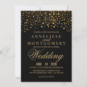 Gold Confetti and Black Wedding Invitation