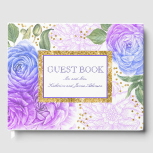 Gold Confetti and Blue and Purple Floral Wedding Guest Book