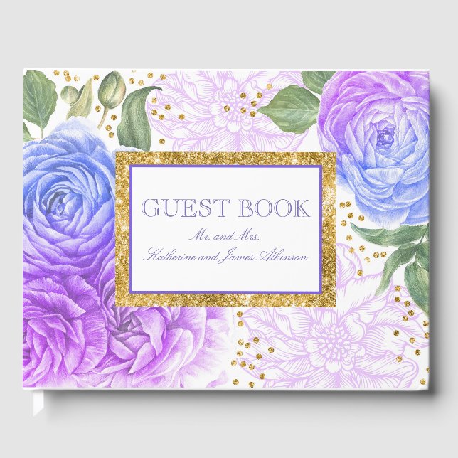 Gold Confetti and Blue and Purple Floral Wedding Guest Book (Front)