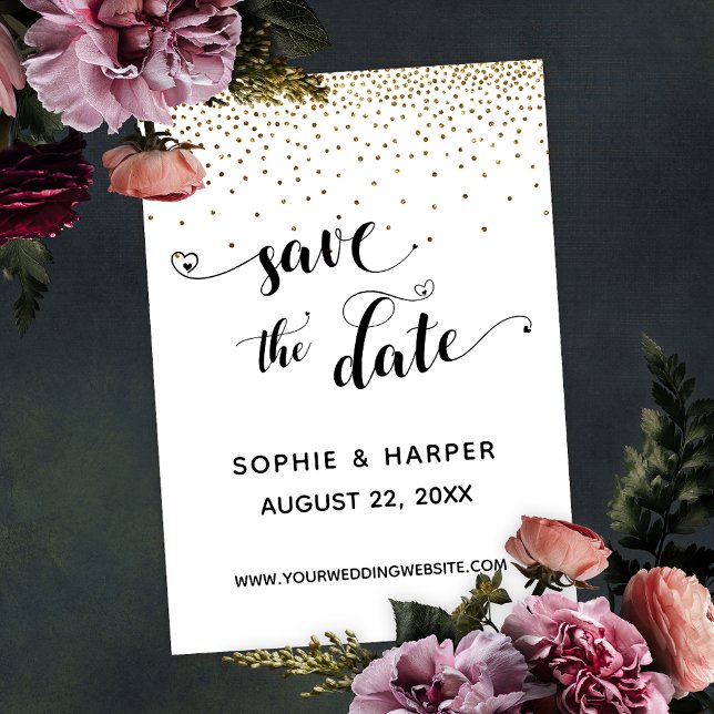 Gold Confetti and Calligraphy with Hearts Save The Date (Creator Uploaded)