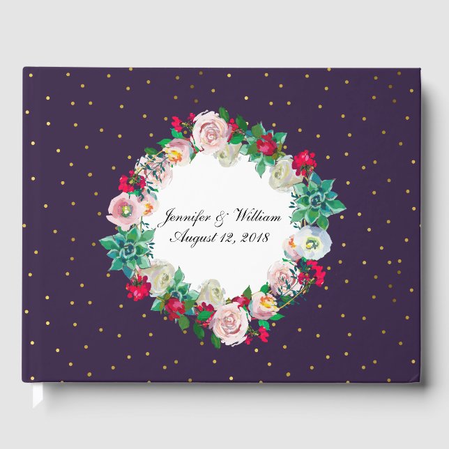 Gold Confetti and Flowers Wedding Guest Book (Front)