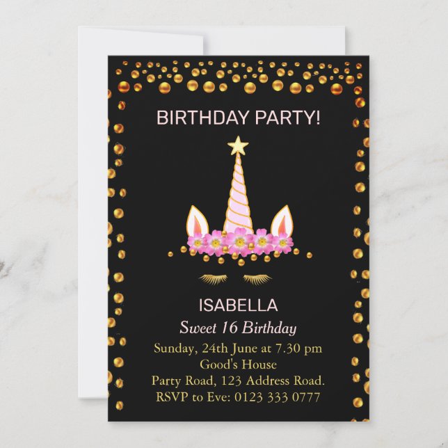 Gold Confetti and Unicorn o Sweet 16 Birthday  Invitation (Front)