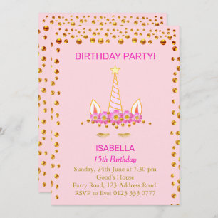 Gold Confetti and Unicorn on Pink 15th Birthday Invitation