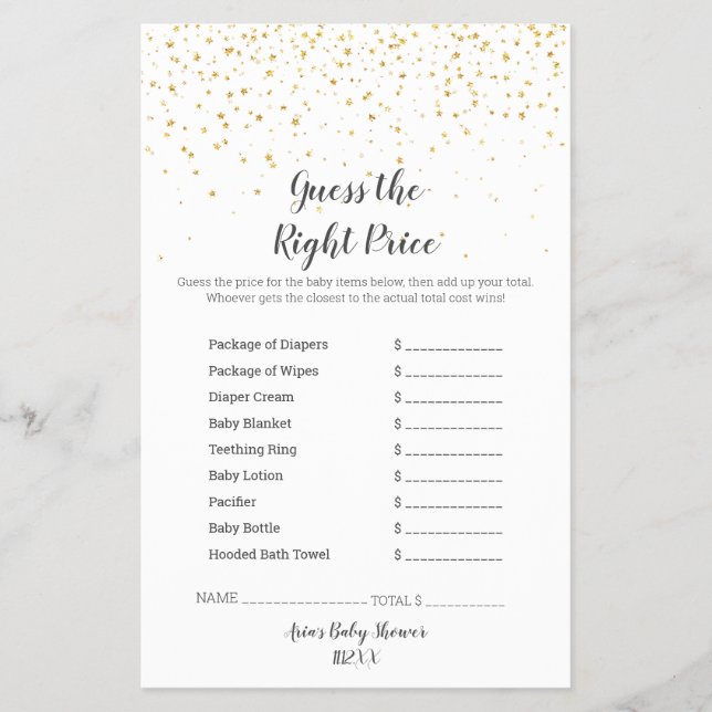Gold Confetti Baby Shower GuessThe Right Price Flyer (Front)