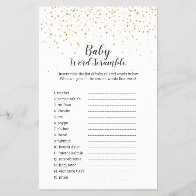 Gold Confetti Baby Shower UK Baby Word Scramble Flyer (Front)