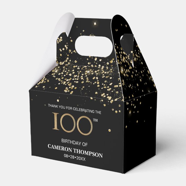 Gold Confetti Black 100th birthday Favour Box (Front Side)