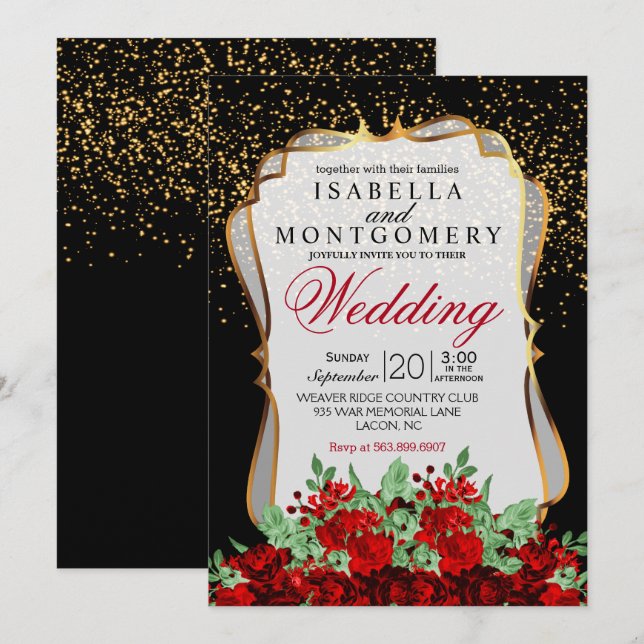 Gold Confetti, Black and Red Floral Wedding Invitation (Front/Back)