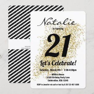Gold Confetti Black and White Girl Birthday Invitation