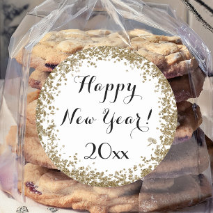 Gold Confetti Black and White Happy New Year Classic Round Sticker