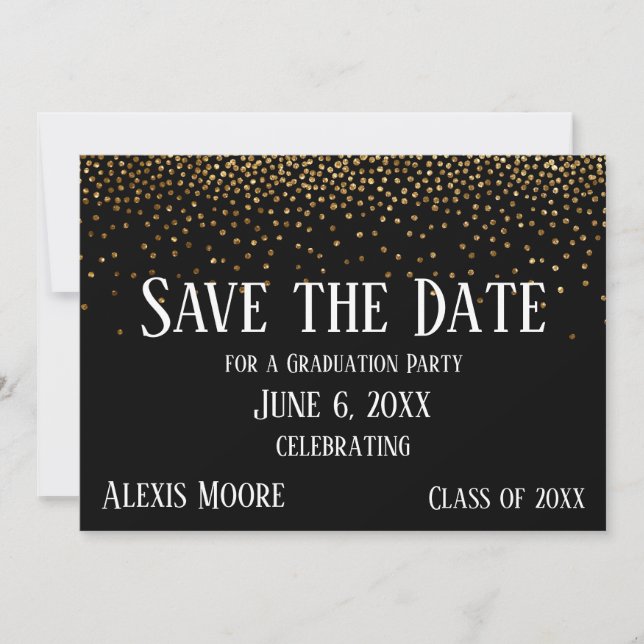 Gold Confetti Black Graduation Party Save the Date (Front)