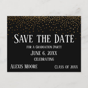 Gold Confetti Black Graduation Party Save the Date Postcard