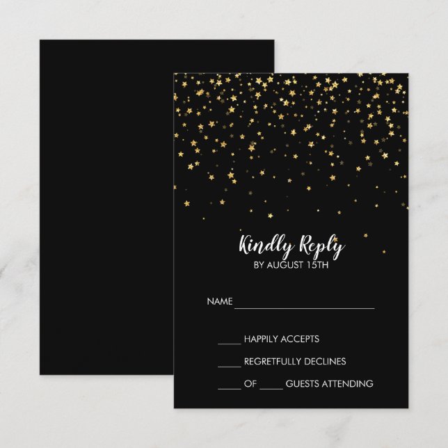 Gold Confetti | Black Simple Wedding RSVP Card (Front/Back)