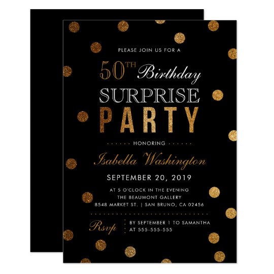 Gold Confetti & Black Surprise Birthday Party Card