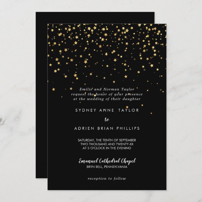 Gold Confetti | Black Traditional Wedding Invitation (Front/Back)