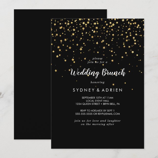 Gold Confetti | Black Wedding Brunch Invitation (Front/Back)