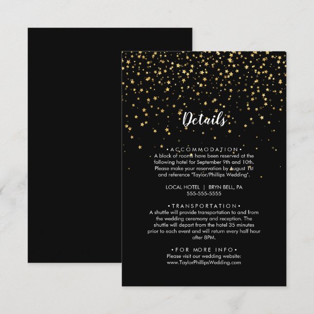 Gold Confetti | Black Wedding Details Enclosure Card (Front/Back)