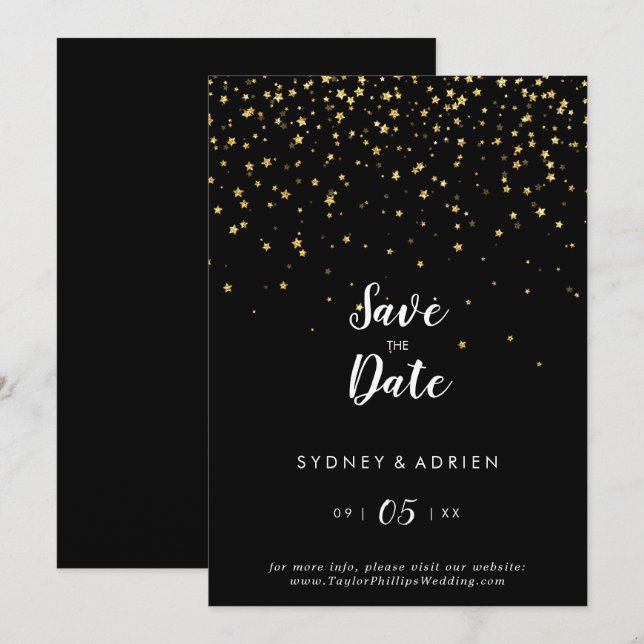 Gold Confetti | Black Wedding Save The Date (Front/Back)