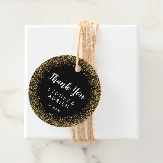 Gold Confetti | Black Wedding Thank You Favour Tag (In Situ)