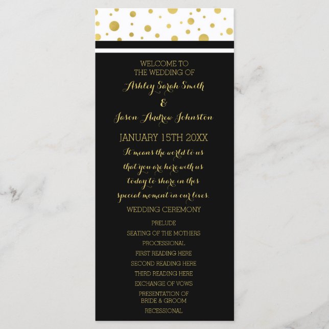 Gold Confetti Black White Wedding Program (Front)