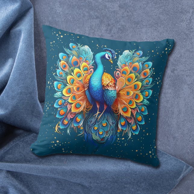 Gold Confetti Blue Fantasy Peacock Throw Pillow (Creator Uploaded)