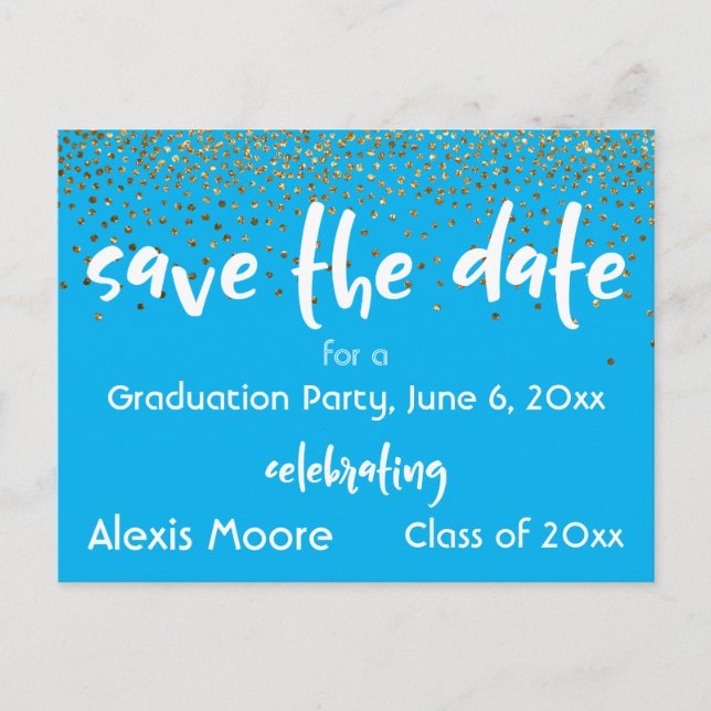 Gold Confetti Blue Graduation Party Save the Date Announcement Postcard (Front)