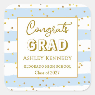 Gold Confetti Blue Stripes Graduation Square  Square Sticker