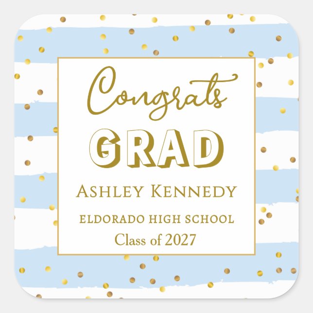Gold Confetti Blue Stripes Graduation Square  Sticker (Front)