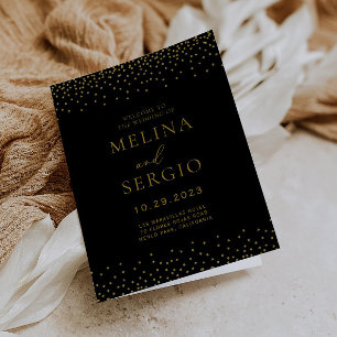 Gold Confetti Boho Black Folded Wedding  Program