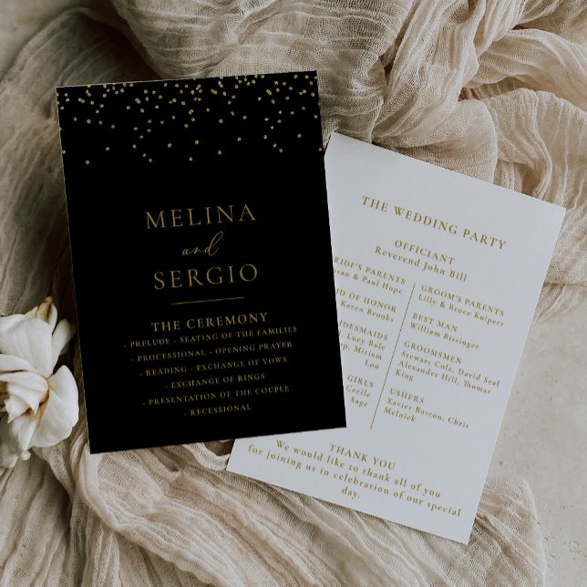 Gold Confetti Boho Black Wedding program (Creator Uploaded)