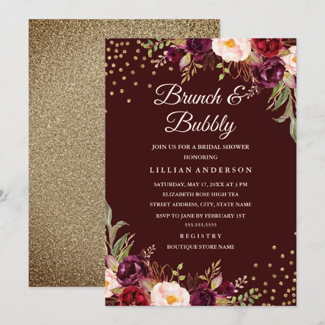 Gold Confetti Burgundy Floral Brunch and Bubbly Invitation (Front/Back)
