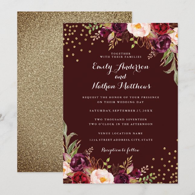 Gold Confetti Burgundy Floral Faire-part de mariag (Devant / Derrière)