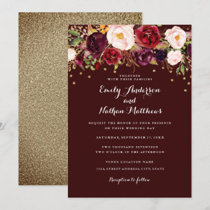 Gold Confetti Burgundy Floral Faire-part de mariag