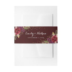Gold Confetti Burgundy Floral Wedding Invitation Belly Band