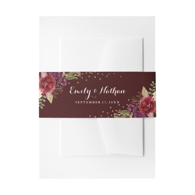 Gold Confetti Burgundy Floral Wedding Invitation Belly Band (Front Example)