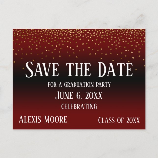 Gold Confetti Burgundy Graduation Save the Date Postcard (Front)