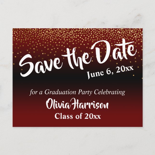 Gold Confetti Burgundy Graduation Save the Date Postcard (Front)