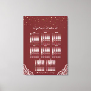 Gold Confetti Burgundy Lace Wedding Seating Chart Canvas Print