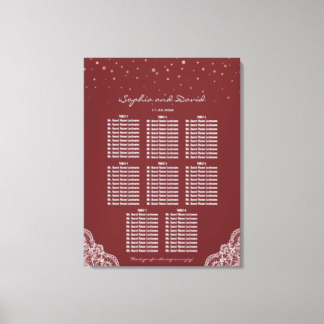 Gold Confetti Burgundy Lace Wedding Seating Chart Canvas Print (Front)