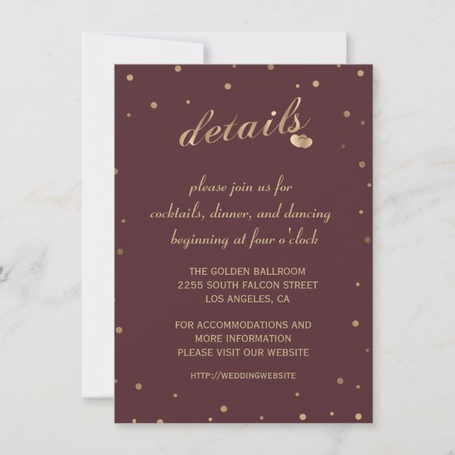 Gold Confetti Burgundy Wedding Details Reception Invitation (Front)