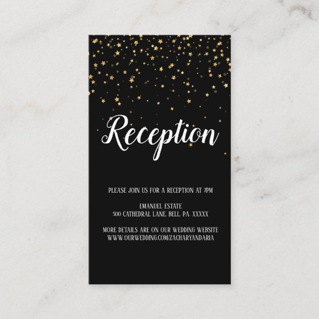 Gold Confetti Calligraphy | Black Reception Card (Front)