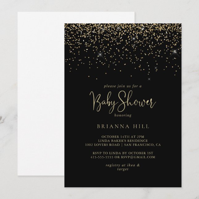 Gold Confetti Calligraphy Script Baby Shower  Invitation (Front/Back)