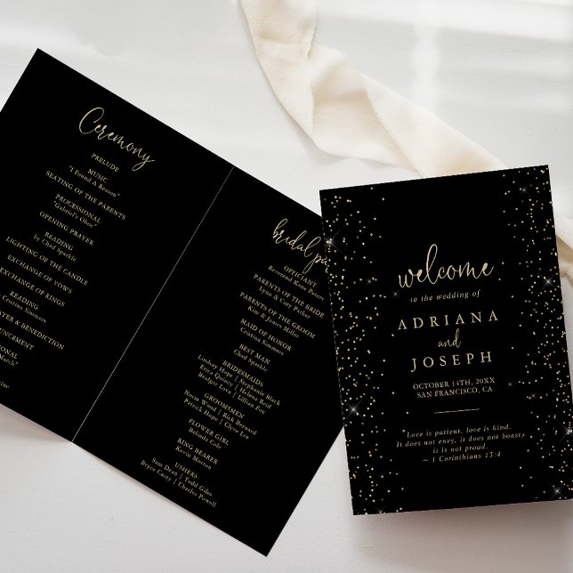 Gold Confetti Calligraphy Script Folded Wedding  Program (Creator Uploaded)