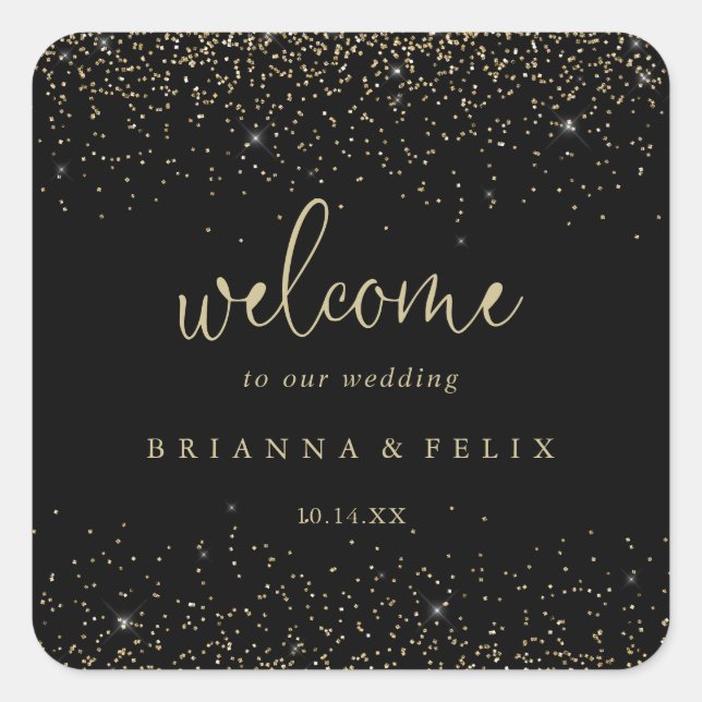 Gold Confetti Calligraphy Script Wedding Welcome  Square Sticker (Front)