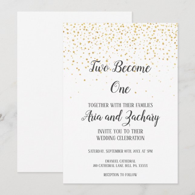 Gold Confetti Calligraphy Two Become One Wedding  Invitation (Front/Back)