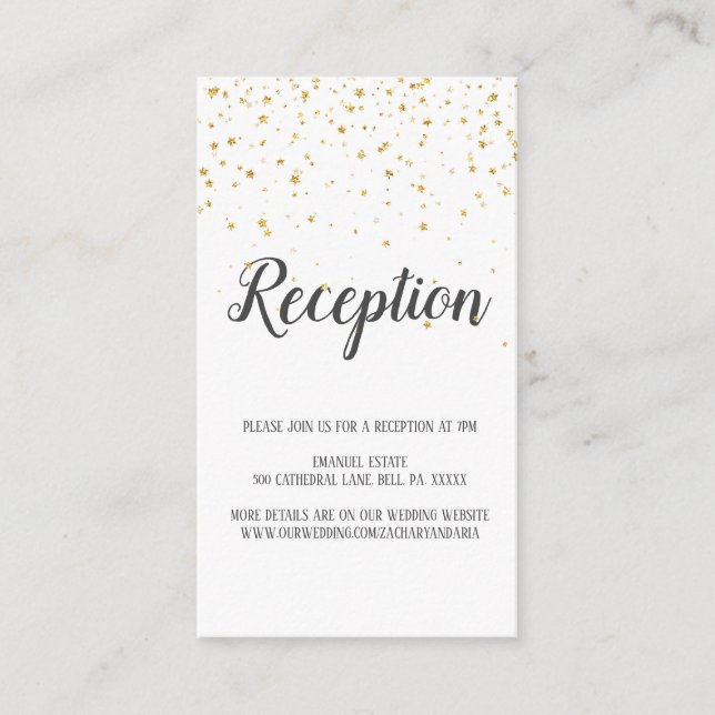 Gold Confetti Calligraphy Wedding Reception Card (Front)