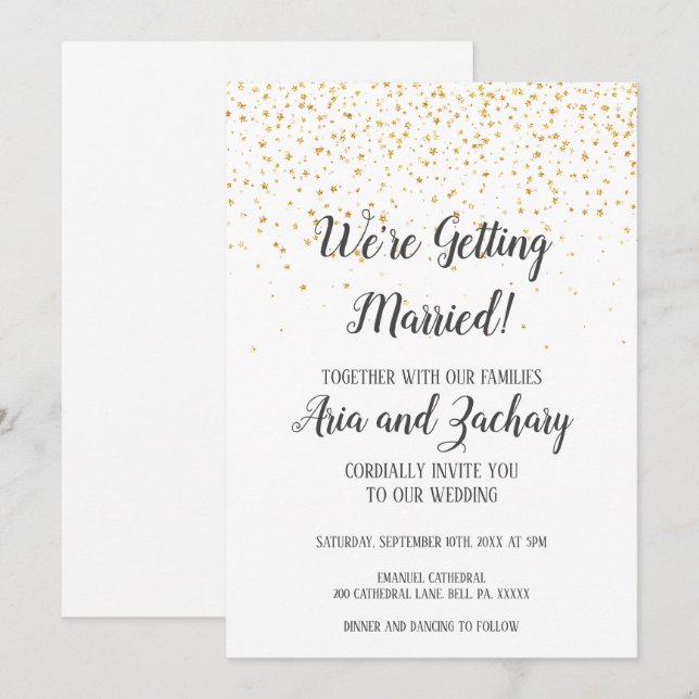 Gold Confetti Calligraphy We're Getting Married  Invitation (Front/Back)
