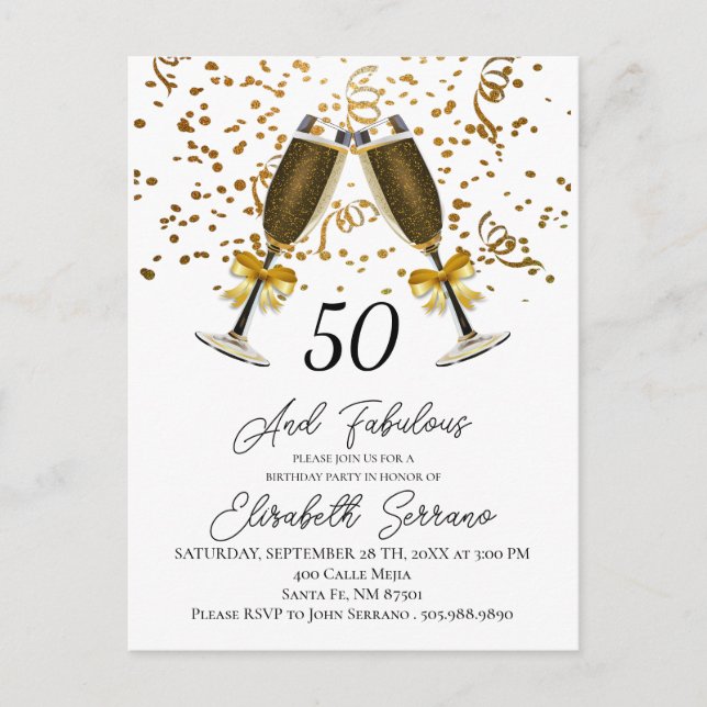 Gold Confetti Champagne Glasses 50th Birthday Invitation Postcard (Front)
